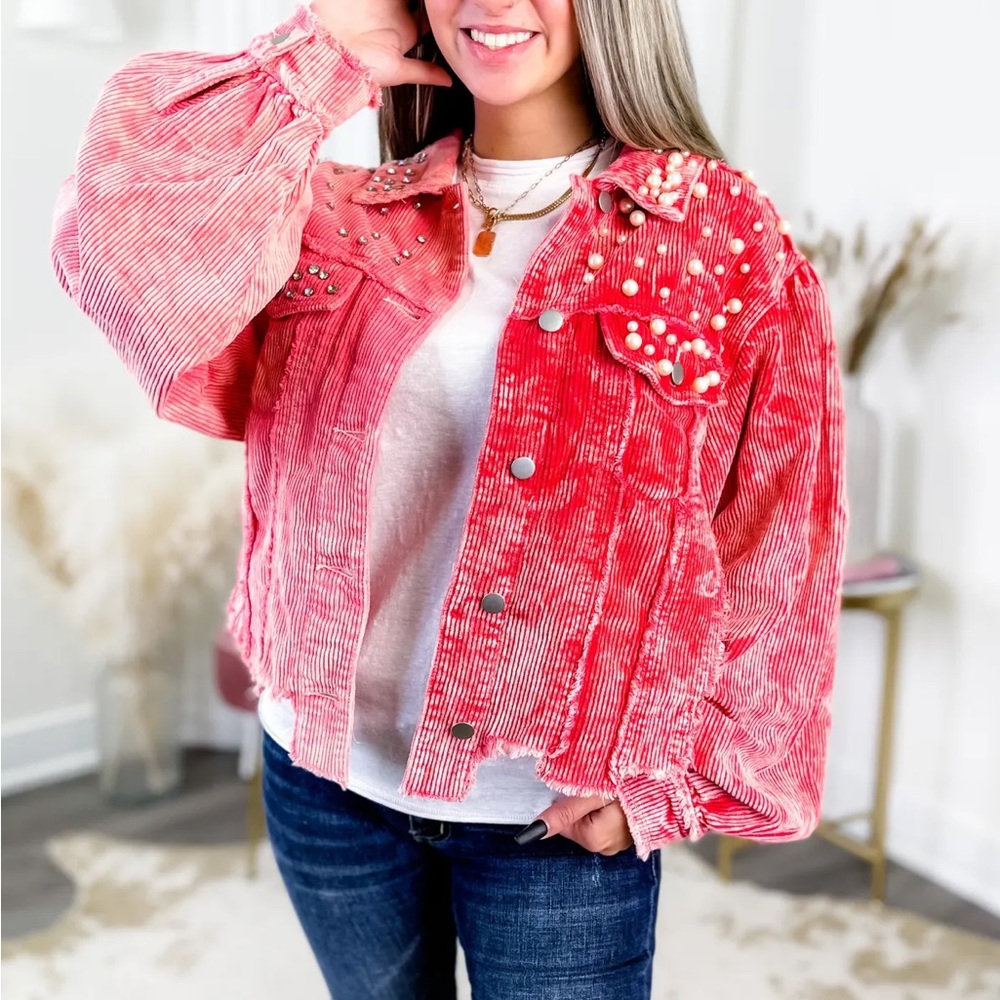 POL Pearl and Jewel Embellished Button Down Long Sleeve Corduroy Jacket